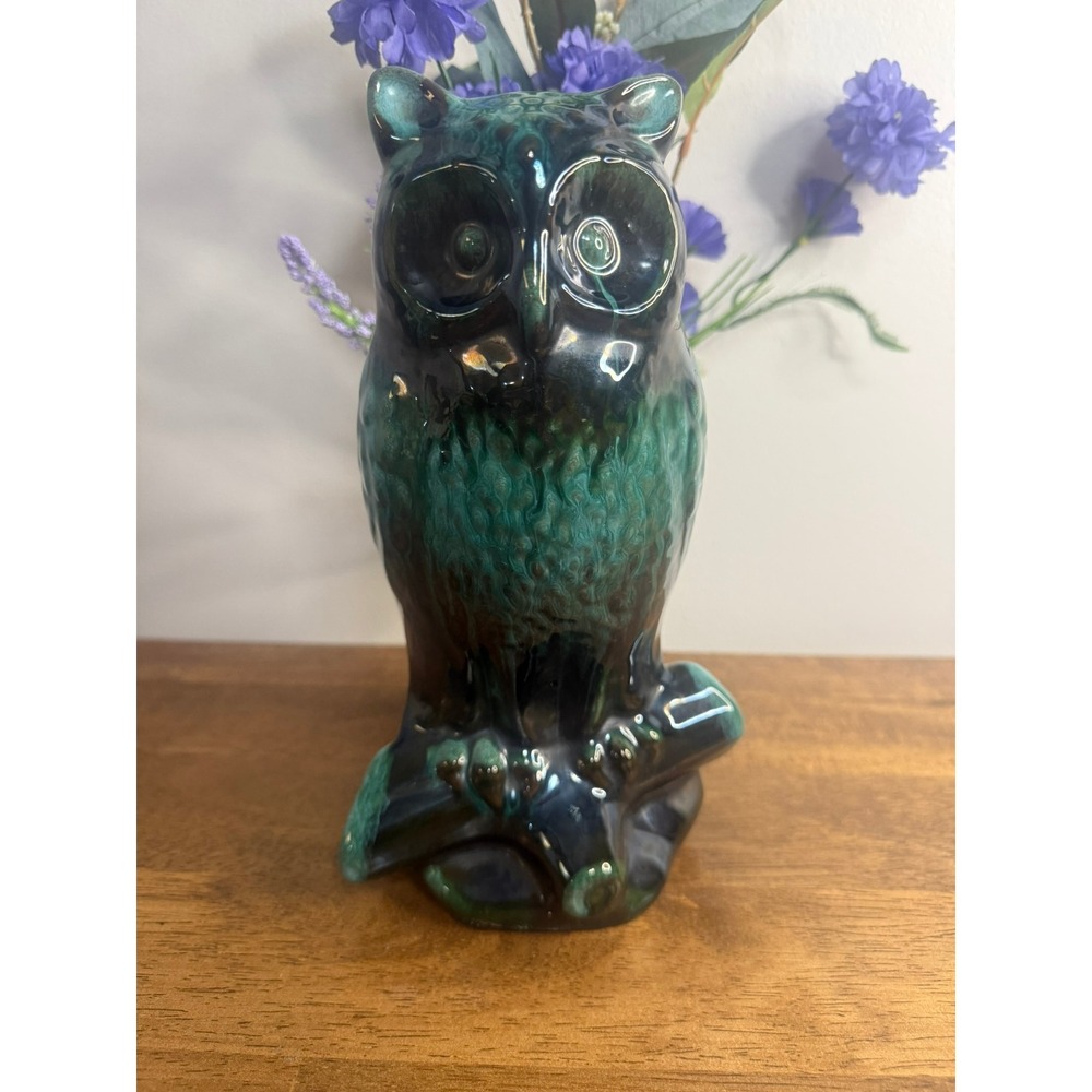 Large Vintage MCM Owl Ceramic Vase Planter Green Black Drip Glaze Pottery